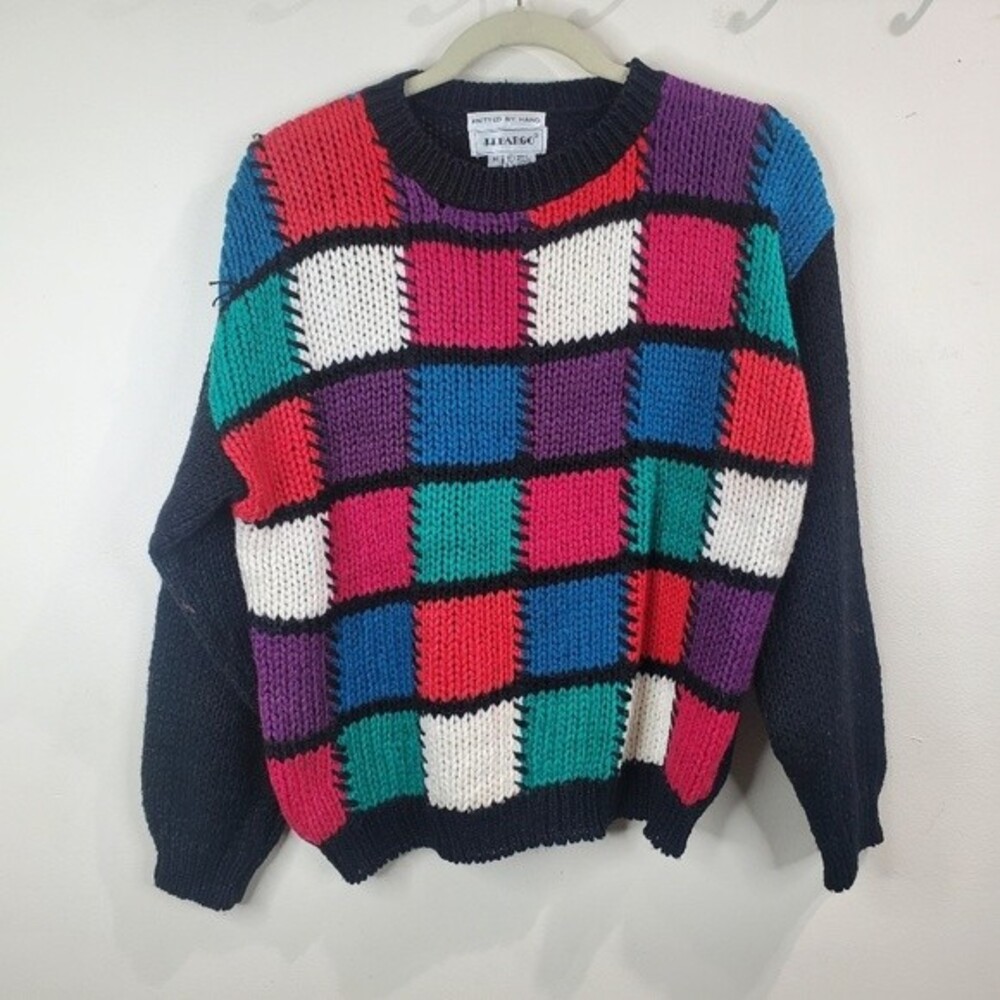 J.J.Fargo color block vintage hand knitted 80s sweater size medium